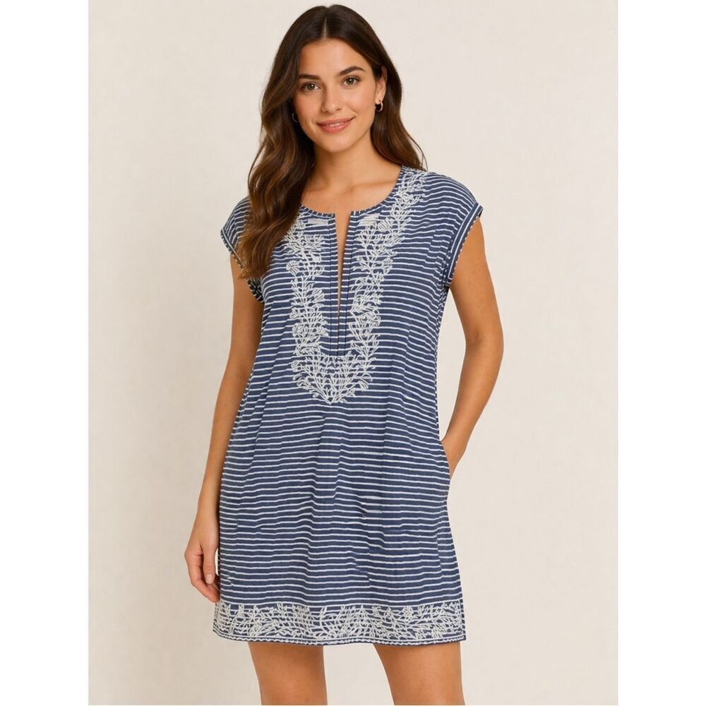 HiHo Blue & White Striped Linen Dress w/Embroidered Details. Size XS. EUC!